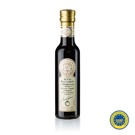 Leonardi - Aceto Balsamico di Modena IGP/ggA, Classico, 2 Jahre, 250 ml - Traditionell gereifter italienischer Balsamico-Essig, süß-sauer im harmonischen Gleichgewicht, IGP/BGA-zertifiziert, in eleganter 250-ml-Flasche verpackt Ideal für den täglichen Gebrauch und besondere Anlässe Verleihen Sie Ihren Gerichten italienische Raffinesse und genießen Sie den unvergleichlichen Geschmack von Leonardo