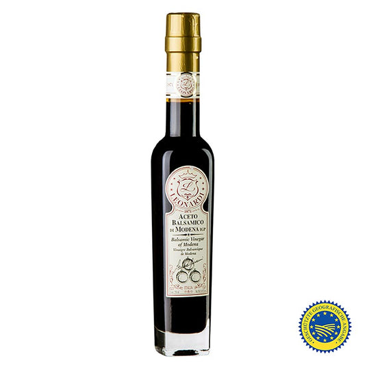 Leonardi - Aceto Balsamico di Modena IGP/ggA, 8 Jahre, 250 ml - Eine schöne schlanken Tischflasche mit 8 Jahre gereiftem Balsamico, perfekt ausbalanciert für vielseitige Verwendung in Salatdressings und Fischgerichten