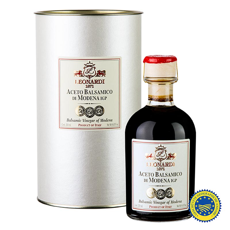 Leonardi - Aceto Balsamico di Modena IGP/ggA, Travasi, 6 Jahre, 250 ml - Jung und spritzig, dünnflüssiger Balsamessig aus Trebbiano-Trauben, ideal für Salate, Gemüse, Hülsenfrüchte und Fleischmarinaden