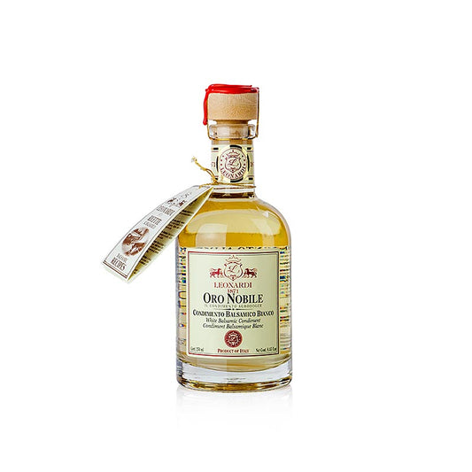 Balsamico Bianco Oro Nobile, 4 Jahre, Eichenholzfass, Leonardi, 250 ml - gereifter Balsamico aus weißem Traubenmost und Weißweinessig, ideal zu Salaten, Gemüse, Fisch, hellem Fleisch und Käse