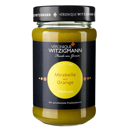 Fruchtaufstrich Mirabelle mit Orange von Véronique Witzigmann, handgekocht und liebevoll aus besten Früchten und Gewürzen hergestellt Ideal zum Verzieren von Brot, Pflaumenkuchen oder Orangen Tarte Qualitäts- und geschmacksorientiert