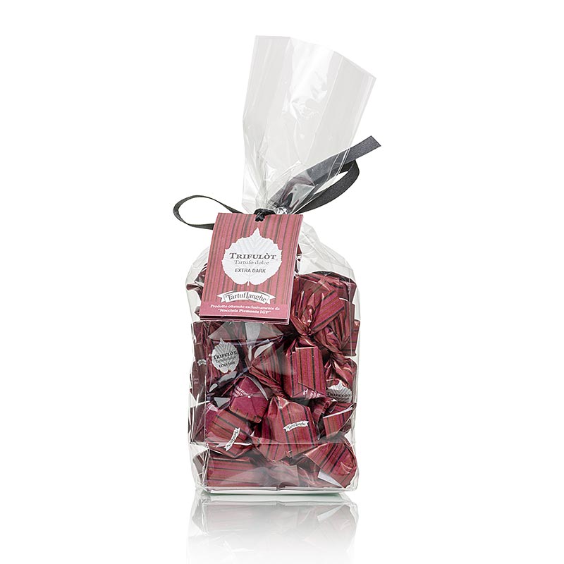 Tartuflanghe Mini Trüffelpralinen - Dolce d´Alba, extra dunkle Schokolade, ca7g, schwarz/rot, 200 g - Pralinen aus Piemont-Haselnüssen und extra viel dunkler Schokolade, hergestellt aus der geschützten Haselnuss-Varietät Tonda Gentile delle Langhe mit IGT-Herkunftsbezeichnung, eine köstliche Geschenkidee!
