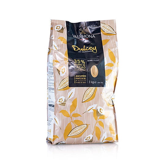 Valrhona Dulcey, blonde Couverture, Callets, 35% Kakao, 3 kg - Cremige blonde Schokolade mit biskuitartiger Süße und Noten von Mürbeteig und Salz, ideal für Karamell, Kaffee, Haselnüsse und gelbe Früchte Entwickelt durch einen glücklichen Zufall in der Ecole du Grand Chocolat Valrhona