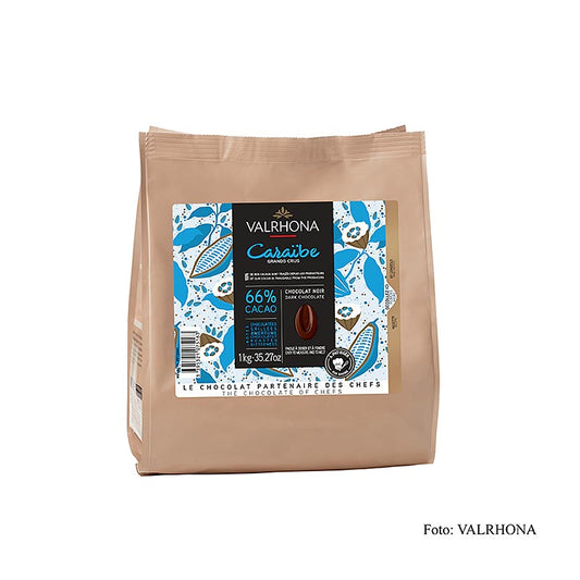 Valrhona Pur Caraibe Grand Cru, dunkle Couverture, Callets, 66% Kakao, 1 kg - Schokoladen-Callets aus der Karibik mit mild-warmen Aromen von Trockenfrüchten, ideal zum Schmelzen, Überziehen, Füllen und Dekorieren