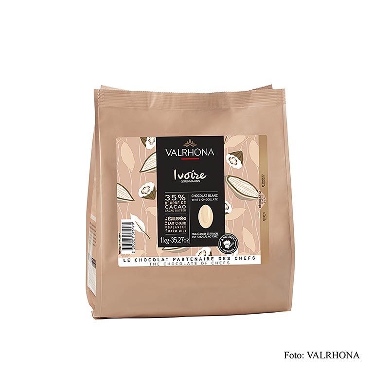 Weiße Couverture Valrhona Ivoire Callets mit 35% Kakaobutter, leicht gesüßt, zarte Milcharomen, für Konditorwaren, Formen, Füllungen, Schokoladenwaren, Eisherstellung, Pralinenüberzug, portionierbar