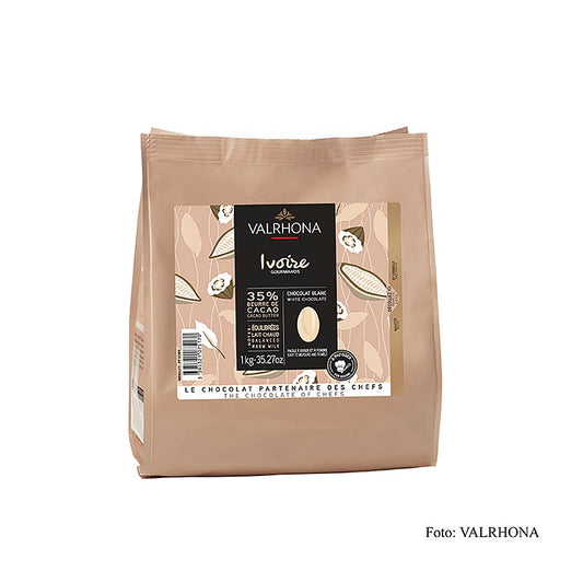 Weiße Couverture Valrhona Ivoire Callets mit 35% Kakaobutter, leicht gesüßt, zarte Milcharomen, für Konditorwaren, Formen, Füllungen, Schokoladenwaren, Eisherstellung, Pralinenüberzug, portionierbar