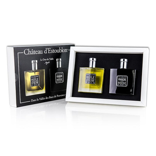 Duo de table Chateau d'Estoublon, 200 ml, 2 tlg Natives Olivenöl Extra & Rotweinessig, verpackt in eleganten Glasflaschen, ideal zum Verfeinern von Gerichten und als Geschenk für Feinschmecker