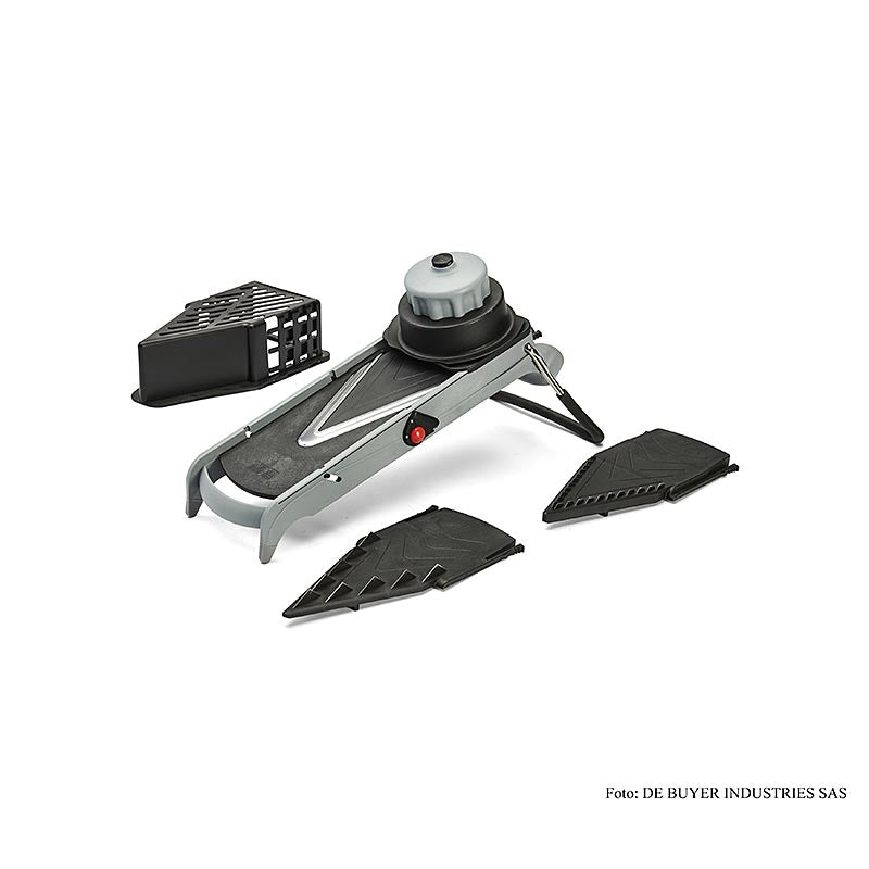 Mandoline VIPER Edelstahl mit glatten und gewellten Klingen, Julienne 4+10mm Einfache Einstellung der Schnitthöhe, ergonomischer Sicherheitsschieber, rutschfester Hinterfuß