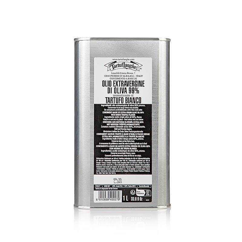 Ein Liter Tartuflanghe Natives Olivenöl Extra mit weißer Trüffel-Aroma, ideal zum Verfeinern von Salaten, Pilzen, Filetsteaks und Käsesorten