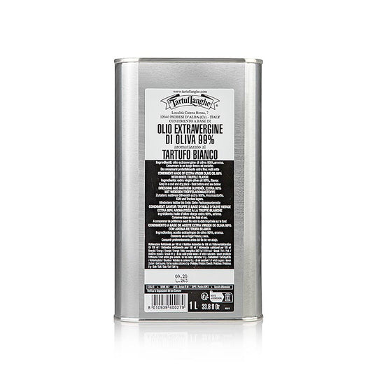Ein Liter Tartuflanghe Natives Olivenöl Extra mit weißer Trüffel-Aroma, ideal zum Verfeinern von Salaten, Pilzen, Filetsteaks und Käsesorten