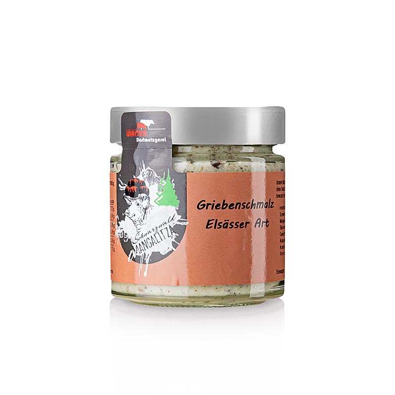 Griebenschmalz Elsässer Art, Mangalitza Wollschwein, 140 g - Handwerklich hergestellte Spezialität mit einzigartigem Geschmack und sahniger Konsistenz, hergestellt aus dem Speck und Flomen des ganzjährig freilebenden Wollschweins