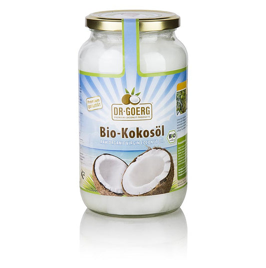 Dr Goerg Kokosöl, BIO, 1 l - Naturreines Kokosöl für Kochen, Backen und Braten, verfeinert Suppen, asiatische Gerichte, Getränke und Eis, leckerer frischer Kokosgeschmack, Premium-BIO-Produkt von sonnengereiften Kokosnüssen von Kleinbauern auf den Philippinen