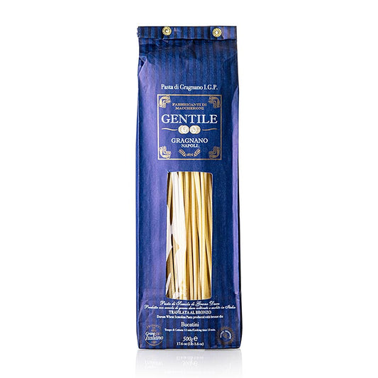 Bucatini-Pasta aus Gragnano, hergestellt von Pastificio Gentile, mit IGP-Emblem Hergestellt aus hochwertigem Hartweizengriess und reinem Quellwasser