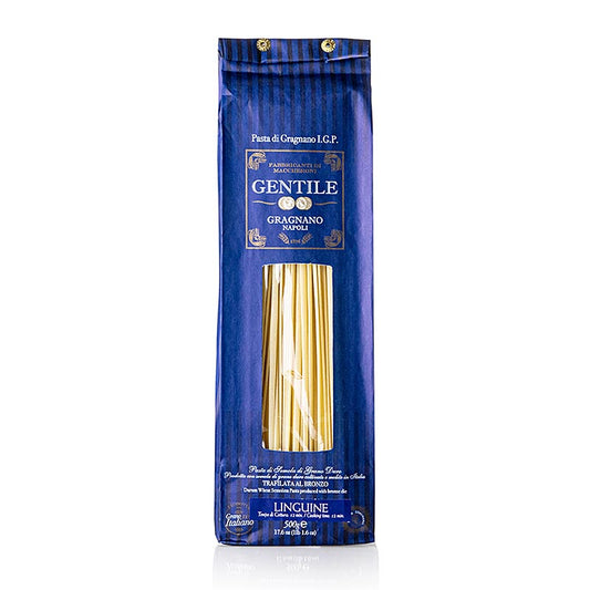 Pastificio Gentile Gragnano IGP - Linguine, bronzegezogen, 500 g: Hochwertige Pasta aus Gragnano mit IGP-Emblem, hergestellt aus apulischem Hartweizengriess und reinstem Quellwasser, verarbeitet mit Bronzeformen und langsam getrocknet für unvergleichlichen Geschmack und Festigkeit