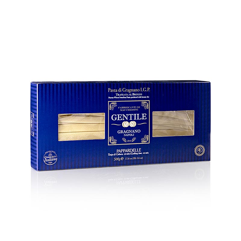 Pappardelle aus Gragnano, hergestellt von Pastificio Gentile, mit IGP-Siegel für geschützte geografische Herkunft, aus hochwertigem Hartweizengrieß und reinem Quellwasser, mit rauer Oberfläche und anhaltender Festigkeit