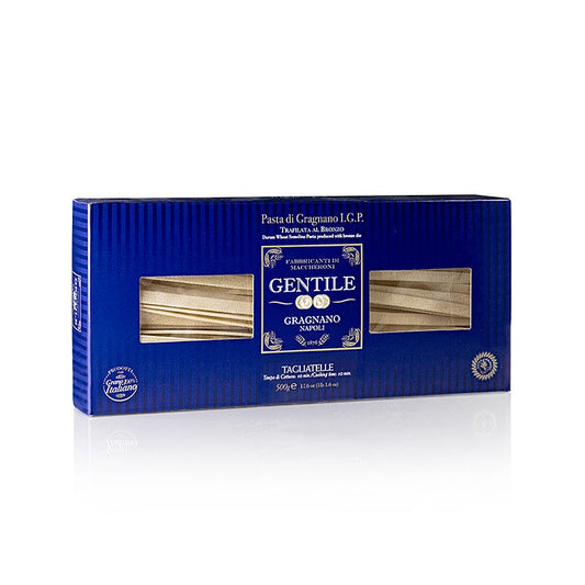 Pastificio Gentile Gragnano IGP - Tagliatelle, bronzegezogen, 500 g: Hochwertige Pasta aus Gragnano mit geschützter geografischer Herkunft, hergestellt nach alter Tradition mit hochwertigem Hartweizengrieß, reinem Quellwasser und Bronzeformen sowie langsamer Trocknung für charakteristischen Wohlgeschmack und anhaltende Festigkeit