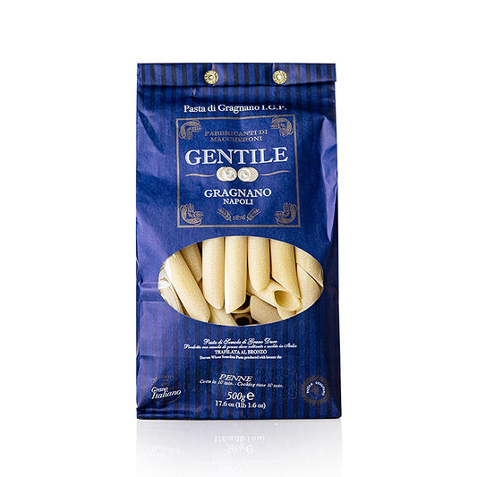 Pasta aus Gragnano, hergestellt von Pastificio Gentile, mit IGP-Emblem, traditioneller Herstellung und hochwertigem Hartweizengriess