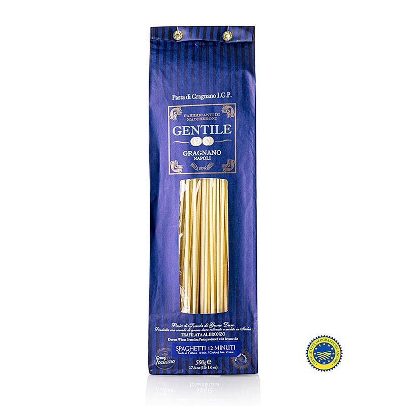 Pasta aus Gragnano, hergestellt von Pastificio Gentile, mit IGP-Emblem, ø 2,2mm, bronzegezogen, 500 g