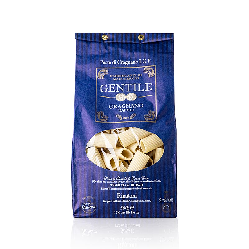 Pastificio Gentile Gragnano IGP - Rigatoni, bronzegezogen, 500 g - Hochwertige Pasta aus Gragnano mit IGP-Emblem, hergestellt nach traditioneller Methode seit 1876