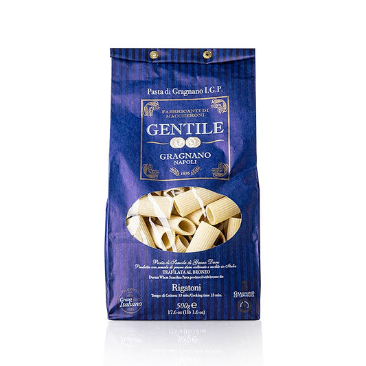 Pastificio Gentile Gragnano IGP - Rigatoni, bronzegezogen, 500 g - Hochwertige Pasta aus Gragnano mit IGP-Emblem, hergestellt nach traditioneller Methode seit 1876