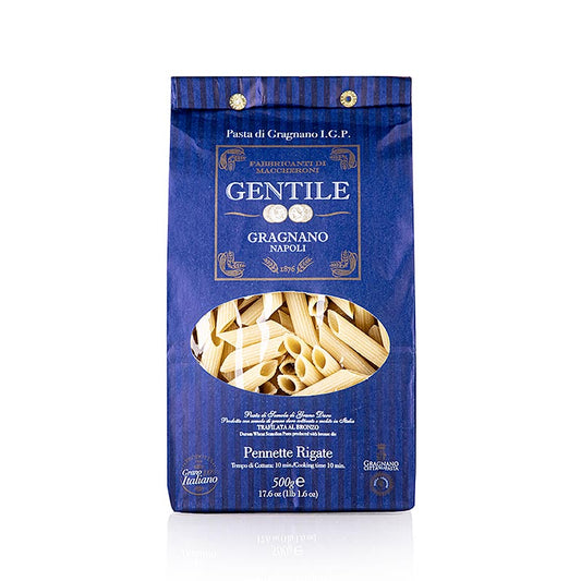 Bild einer Packung Pastificio Gentile Gragnano IGP - Pennette rigate, bronzegezogen, 500 g Pasta, hergestellt nach alter Tradition in Gragnano, mit hochwertigem Hartweizengriess, reinem Quellwasser und Verarbeitung mit Bronzeformen für charakteristischen Wohlgeschmack und anhaltende Festigkeit