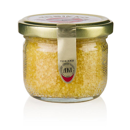 Bild eines 90 g Original Tobiko - Fliegender Fisch-Rogen in  gelber Farbe mit Yuzu Aroma, ideal als Dekoration und Delikatesse für Nigiri-Sushi