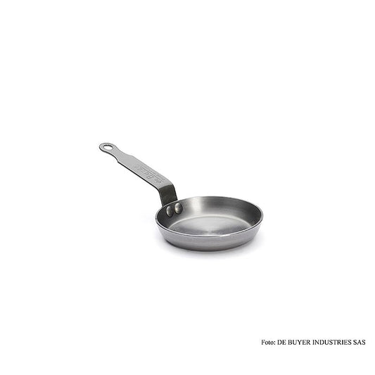 Eisenpfanne für Blinis ø 12cm, 2,5cm hoch, aus 99% Eisen mit Bienenwachs endbehandelt, natürlicher Anti-Oxidationsschutz, vernieteter Griff, PFAO- und PTFE-frei, für alle Kochplatten geeignet
