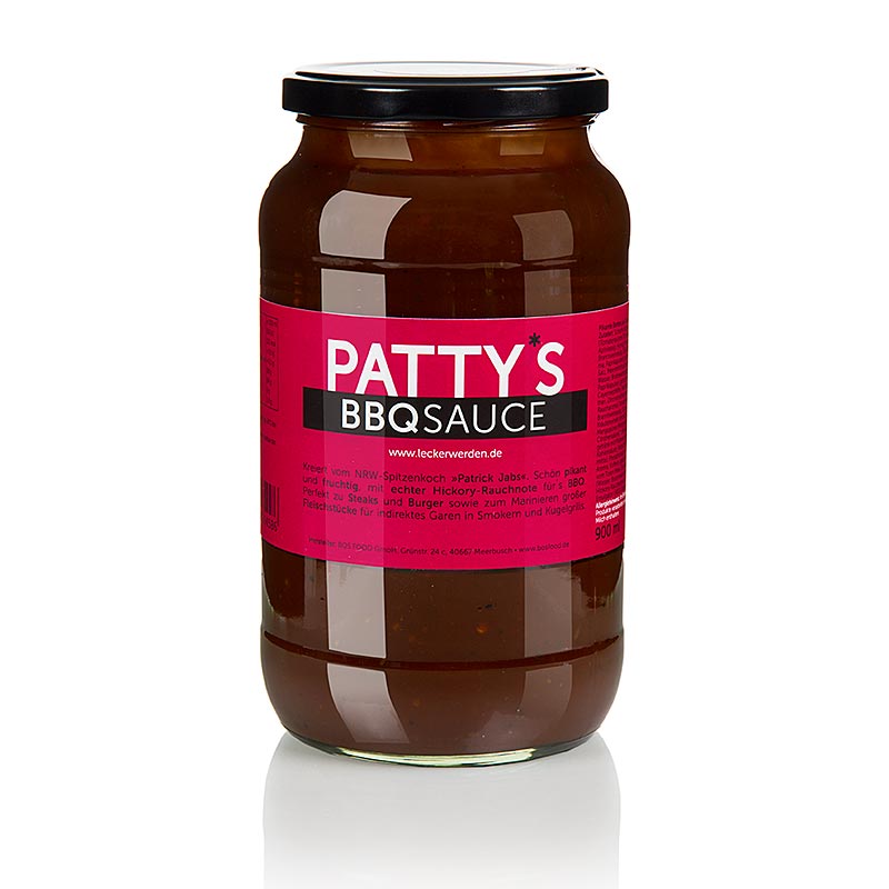 Pattys BBQ Sauce, kreiert von Patrick Jabs, 900 ml - Feurige und fruchtige Barbecue-Sauce mit echter Hickory-Rauchnote, perfekt zum Marinieren großer Fleischstücke für indirektes Garen in Smokern oder Kugelgrills, ideal für Steaks und Burger