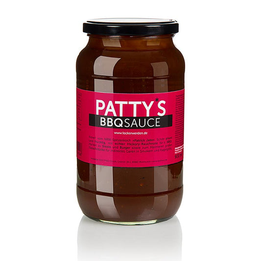 Pattys BBQ Sauce, kreiert von Patrick Jabs, 900 ml - Feurige und fruchtige Barbecue-Sauce mit echter Hickory-Rauchnote, perfekt zum Marinieren großer Fleischstücke für indirektes Garen in Smokern oder Kugelgrills, ideal für Steaks und Burger