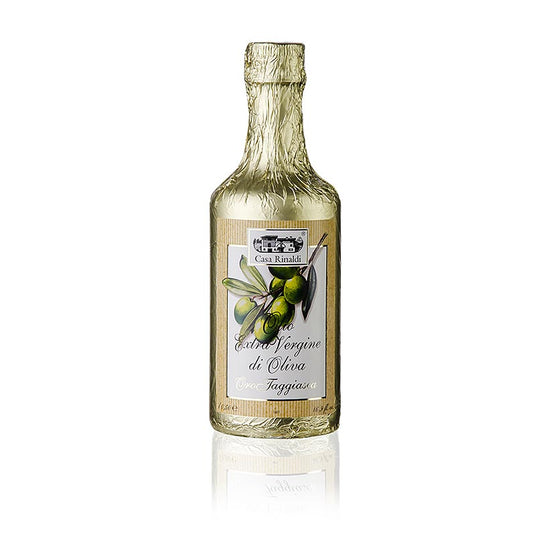 Goldfolie umhüllte Flasche mit 500 ml Casa Rinaldi Oro di Taggiasca unfiltriertem Extra Vergine Olivenöl, kaltgepresst und schonend hergestellt aus Ligurien, Italien