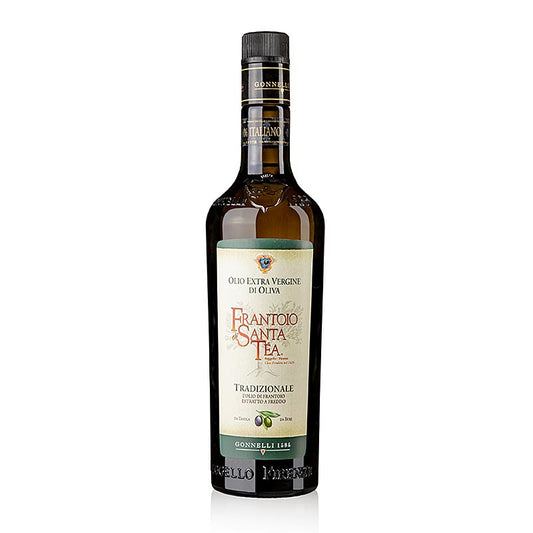 Natives Olivenöl Extra, Santa Tea Gonnelli Tradizionale, 750 ml - Bild einer Flasche mit grünem Olivenöl aus der Toskana, hergestellt aus einer Mischung von Frantoio, Moraloio, Leccino, Pendolino und Gentile Oliven, fruchtig-delikater Duft und vollmundig-harmonischer Geschmack mit Noten von reifen Früchten, hergestellt in der Nähe von Florenz in Reggello, sorgfältig verarbeitet in der Olivenmühle