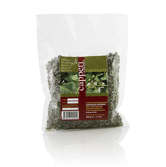 Liliput-Kapern ø 7-8mm, handsortiert, trocken eingelegt, in Meersalz, Caravaglio, 500 g - Fein ausgewählte Kapern in Meersalz von Caravaglio, 500 g
