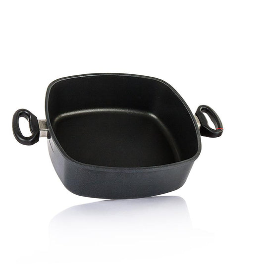 Topf aus AMT Gastroguss, eckig, 28x28cm, Induktion, ultra-resistent, Plasma-beschichtet, 8-9mm Thermoboden, fettfreies Braten, ergonomische Griffe, Backofenfest bis 260°C