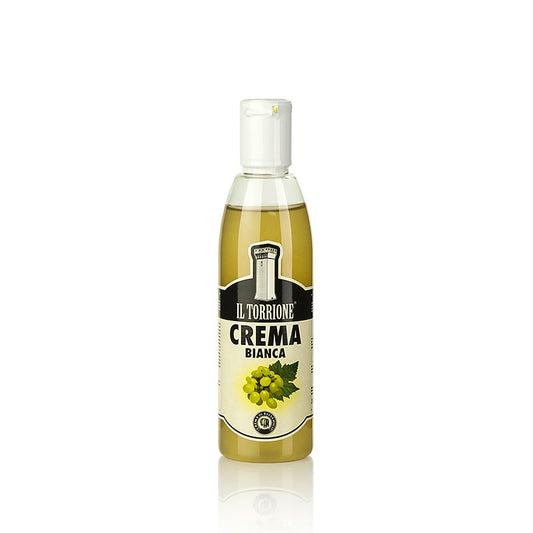 Flasche mit 250 ml Crema di Balsamico Bianco von Il Torrione, perfekt zum Würzen und Garnieren von Fleisch, Fisch, Gemüse, Eis und Erdbeeren