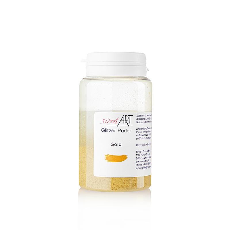 Glitzer Puder in gold glänzend von Sweet Art, 25 g, für Glanzeffekte auf essbaren Zubereitungen in Patisserie und Küche, verdünnbar mit Alkohol oder trocken auftragbar, ideal zum Wälzen von Früchten wie Brombeeren, Himbeeren und Erdbeeren