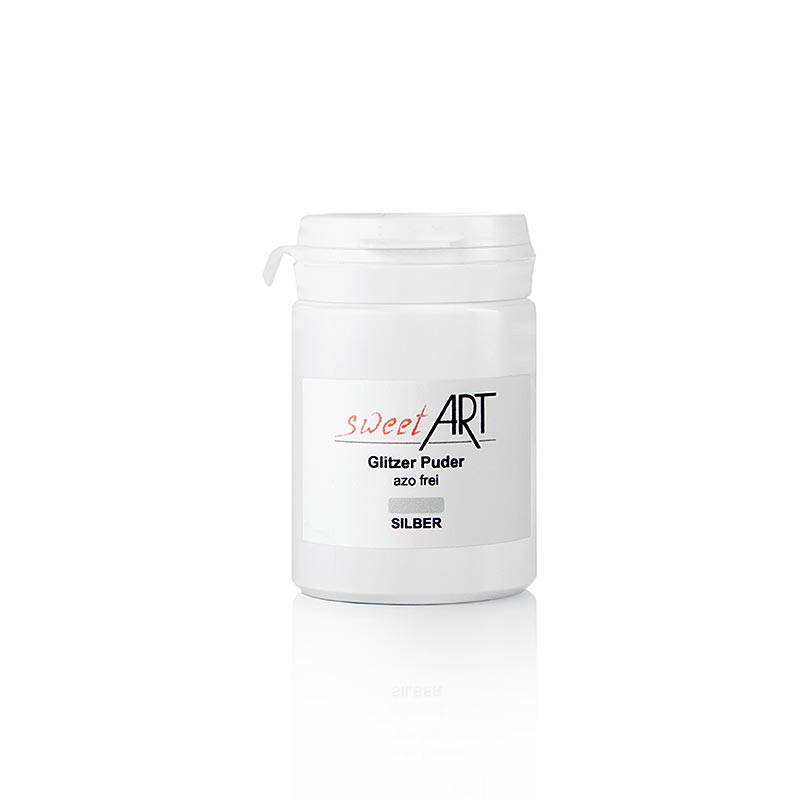 Glitzer Puder, silber glänzend, Sweet Art, 25 g - Glanzpuder für essbare Zubereitungen in Patisserie und Küche, kann mit Alkohol verdünnt oder trocken aufgetragen werden, ideal zum Wälzen von Früchten