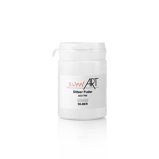 Glitzer Puder, silber glänzend, Sweet Art, 25 g - Glanzpuder für essbare Zubereitungen in Patisserie und Küche, kann mit Alkohol verdünnt oder trocken aufgetragen werden, ideal zum Wälzen von Früchten