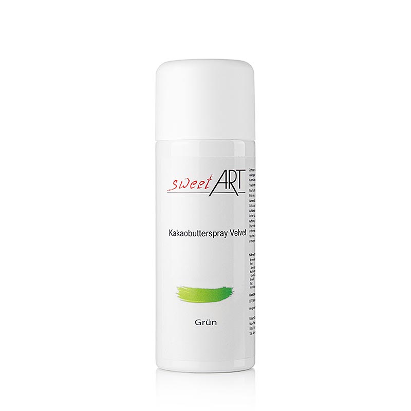 Sprühbare Kakaobutter in grüner Farbe mit samtigem Effekt, ideal zur Veredelung von Pralinen und Schokoladendekorationen, 400 ml
