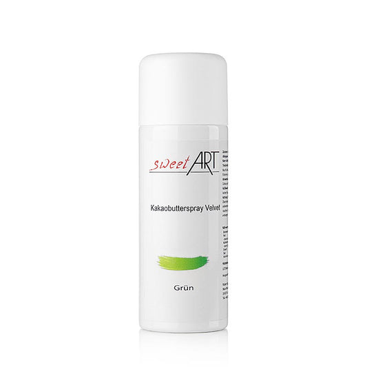 Sprühbare Kakaobutter in grüner Farbe mit samtigem Effekt, ideal zur Veredelung von Pralinen und Schokoladendekorationen, 400 ml
