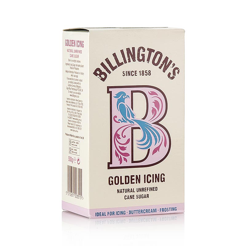Puderzucker - Golden Icing Sugar, honigfarben, Roh-Rohrzucker, Billington´s, 500 g - Unraffinierter Rohrzucker in honigfarbener Farbe, perfekt zum Bestäuben und für die Zubereitung von Buttercreme, Dessertküchlein, Meringues sowie Kuchen- und Tortenfüllungen