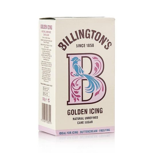 Puderzucker - Golden Icing Sugar, honigfarben, Roh-Rohrzucker, Billington´s, 500 g - Unraffinierter Rohrzucker in honigfarbener Farbe, perfekt zum Bestäuben und für die Zubereitung von Buttercreme, Dessertküchlein, Meringues sowie Kuchen- und Tortenfüllungen