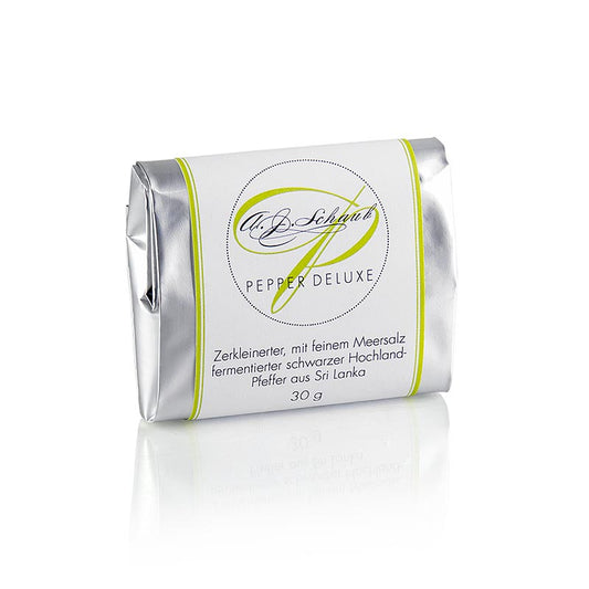 Fermentierter Schwarzer Pfeffer mit Meersalz, saftig und vollmundig, ideal als Finish auf Fisch und Steaks - PEPPER DELUXE, 30 g