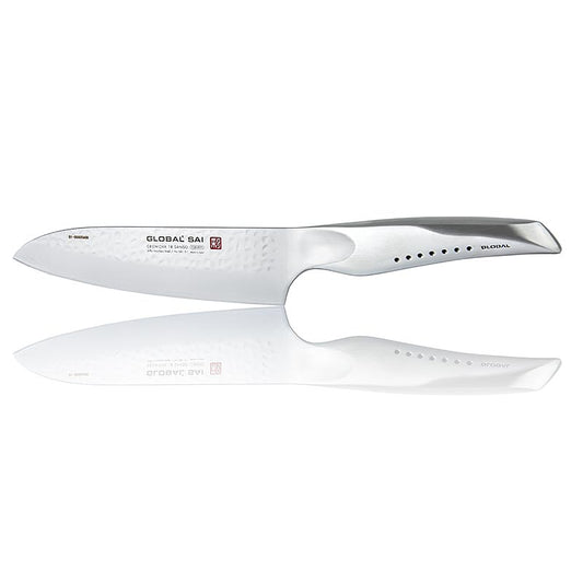 Global SAI-01 Kochmesser mit Hammerschlagdesign, 19cm, geschmiedetes Messer mit handgefertigter Hammerschlagoptik, 58-59 HRC