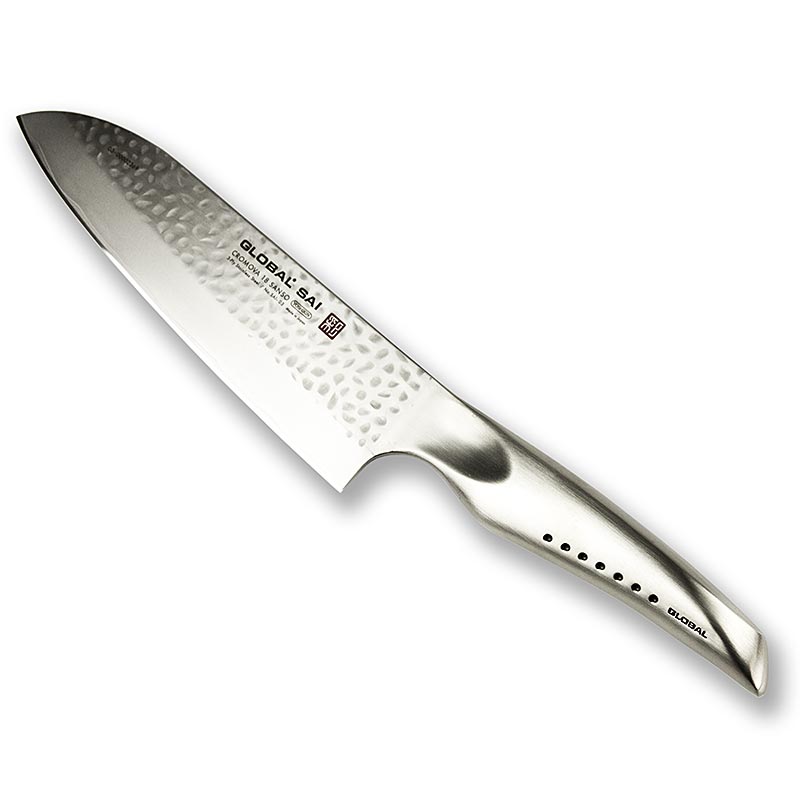 Global SAI-03 Santokumesser, Hammerschlagdesign, 19cm - hochwertiges japanisches Messer mit handgefertigter Hammerschlagoptik, ergonomischem Griff und hoher Schnittleistung