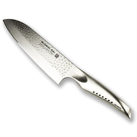 Global SAI-03 Santokumesser, Hammerschlagdesign, 19cm - hochwertiges japanisches Messer mit handgefertigter Hammerschlagoptik, ergonomischem Griff und hoher Schnittleistung