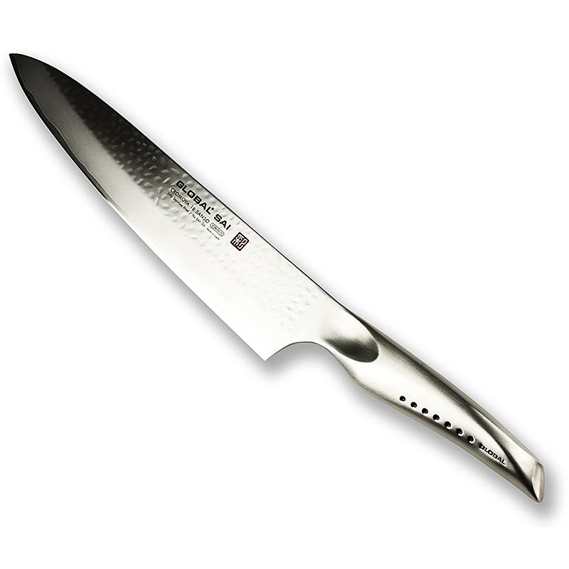 Global SAI-06 Tranchiermesser, Hammerschlagdesign, 25cm, 1 St - Japanisches Messer mit hohlräumigen Griffen, handgefertigter Hammerschlagoptik und geschmiedeter Klinge Entwickelt für praktischen Nutzen und schöne Klingenoptik