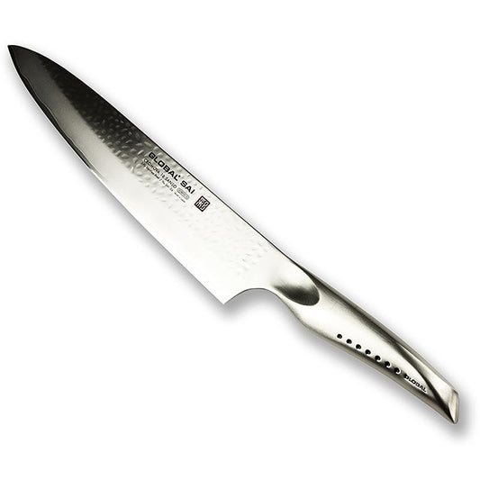 Global SAI-06 Tranchiermesser, Hammerschlagdesign, 25cm, 1 St - Japanisches Messer mit hohlräumigen Griffen, handgefertigter Hammerschlagoptik und geschmiedeter Klinge Entwickelt für praktischen Nutzen und schöne Klingenoptik