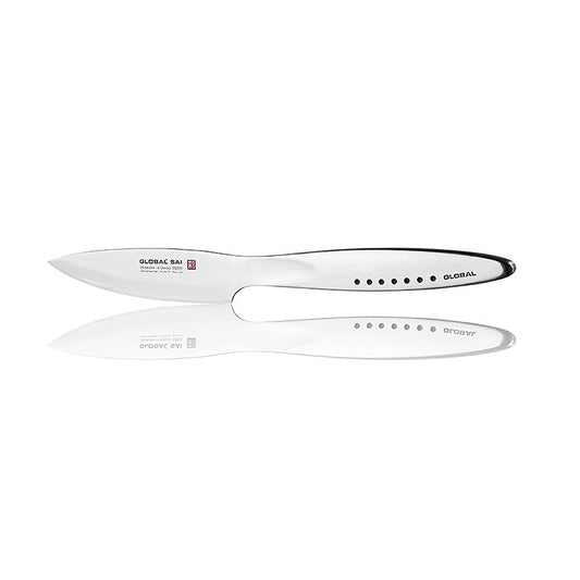 Global SAI-T01 Steakmesser mit 11,5 cm Klinge, handgefertigte Hammerschlagoptik und ergonomisch geformte Griffe Entwickelt mit weichen, runden Formen und hochwertigen Materialien für optimale Schneideergebnisse