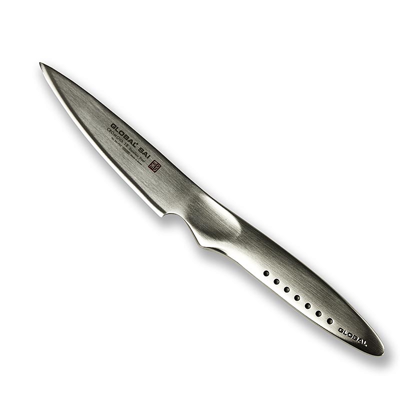 Global SAI-F02 Schälmesser, 10cm, 1 St - Japanisches Schälmesse mit hohlräumigen Griffen und handgefertigter Hammerschlagoptik, das das Ablösen des Schnittguts fördert