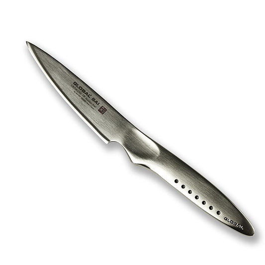 Global SAI-F02 Schälmesser, 10cm, 1 St - Japanisches Schälmesse mit hohlräumigen Griffen und handgefertigter Hammerschlagoptik, das das Ablösen des Schnittguts fördert